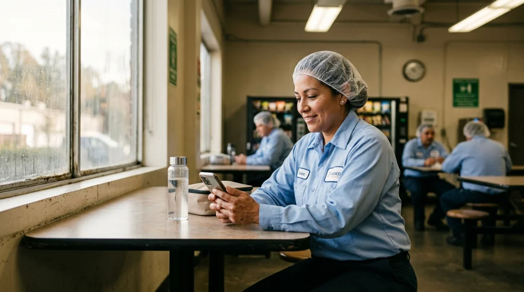 Mujer sentada en cafetín empresarial - movexo