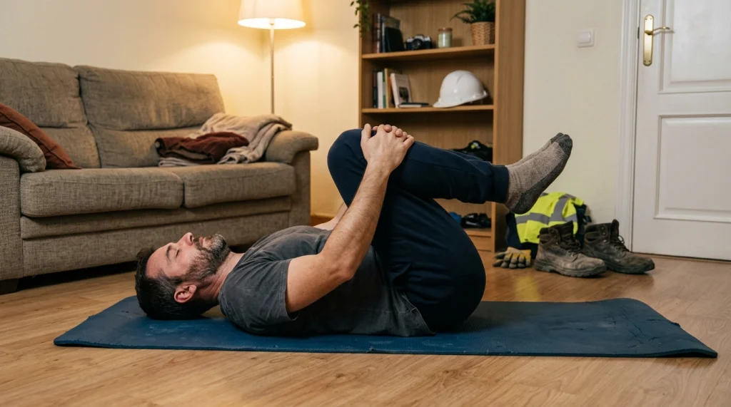 Hombre haciendo ejercicio para el dolor de espalda en la construcción -movexo